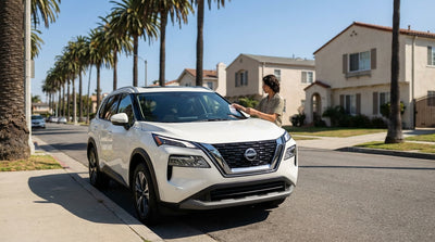 A white car rental parked under tall palm trees on a sunny residential street in Los Angeles