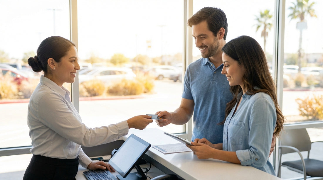 A white sedan for a car hire parked on the shoulder of a scenic highway in Texas hill country