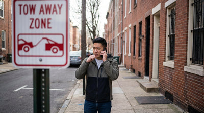 A tow truck lifts a car hire onto its flatbed on a city street in Philadelphia, Pennsylvania