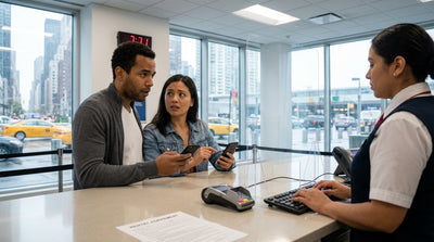 A person waits at a busy car hire counter in a New York airport, looking down at their watch