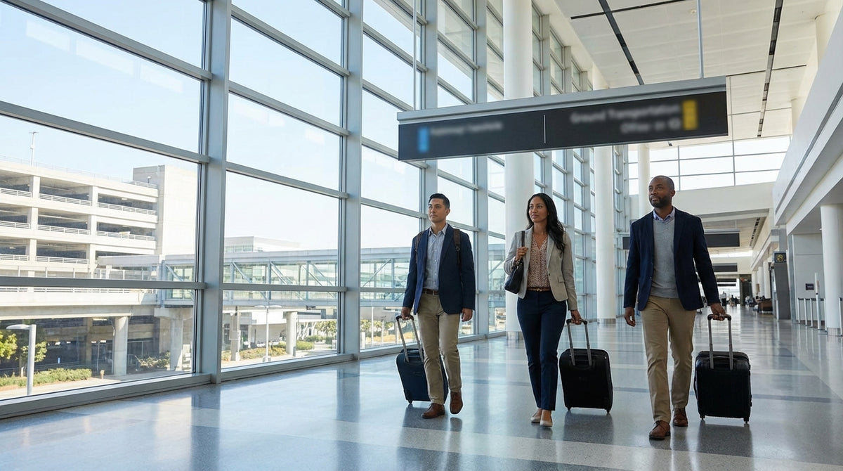 The SFO AirTrain arriving at the elevated platform for the car rental center in San Francisco