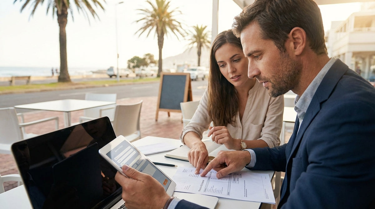 A silver SUV car hire driving down a sunny, palm-tree-lined highway in southern California