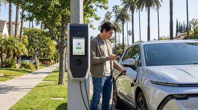An electric car hire charging at a curbside station on a sunny, palm-lined street in Los Angeles