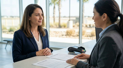 A modern sedan from a car hire service on a scenic, empty highway in West Texas