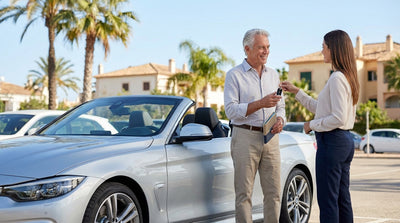 A happy senior couple driving a convertible car rental on a sunny, palm-tree-lined street in Los Angeles