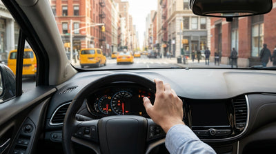 A driver's view of a car rental dashboard with illuminated warning lights on a New York City street
