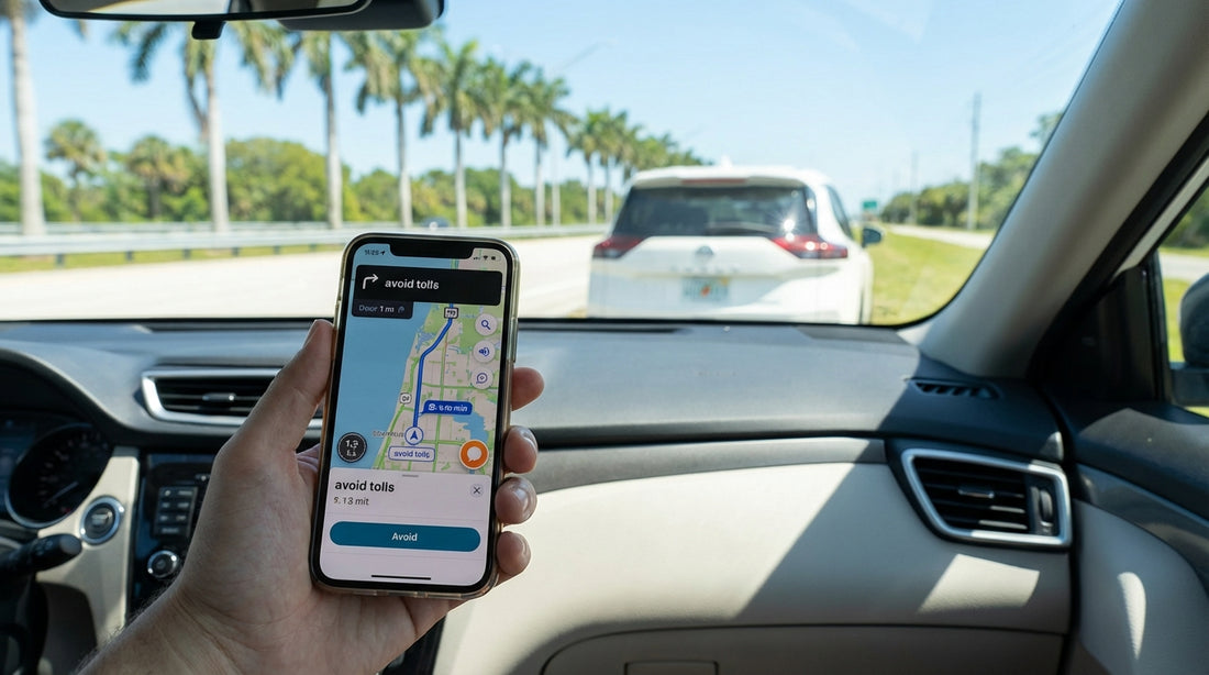 A person in a car rental uses a smartphone with a map app while driving on a sunny Florida road with palm trees