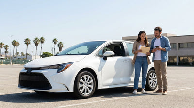 A person's view from their car rental driving on a freeway towards the sunny downtown Los Angeles skyline