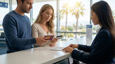 A convertible car hire driving on a scenic coastal highway in California with bright sun and blue ocean views