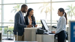 A customer signing paperwork at a car hire counter in Florida
