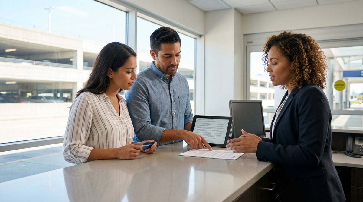 A modern car rental on a scenic highway road trip through the desert in the United States
