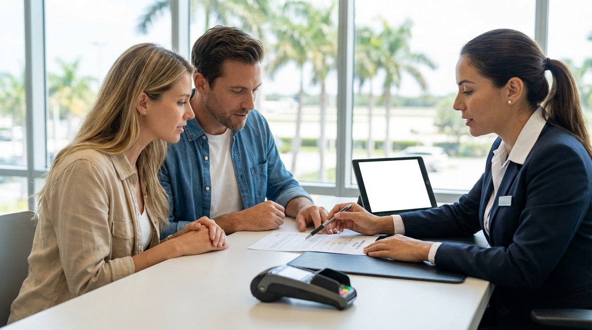 A convertible car hire driving on a sunny coastal highway in Florida with palm trees and turquoise water
