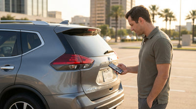 A person stands beside their car hire in a Texas parking lot, looking at a parking app on their phone