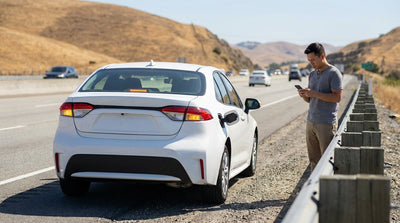 A car rental pulled over on the shoulder of a busy California freeway with its hazard lights on