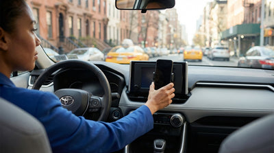 A phone mounted on the dashboard of a car rental overlooking a busy street with yellow cabs in New York