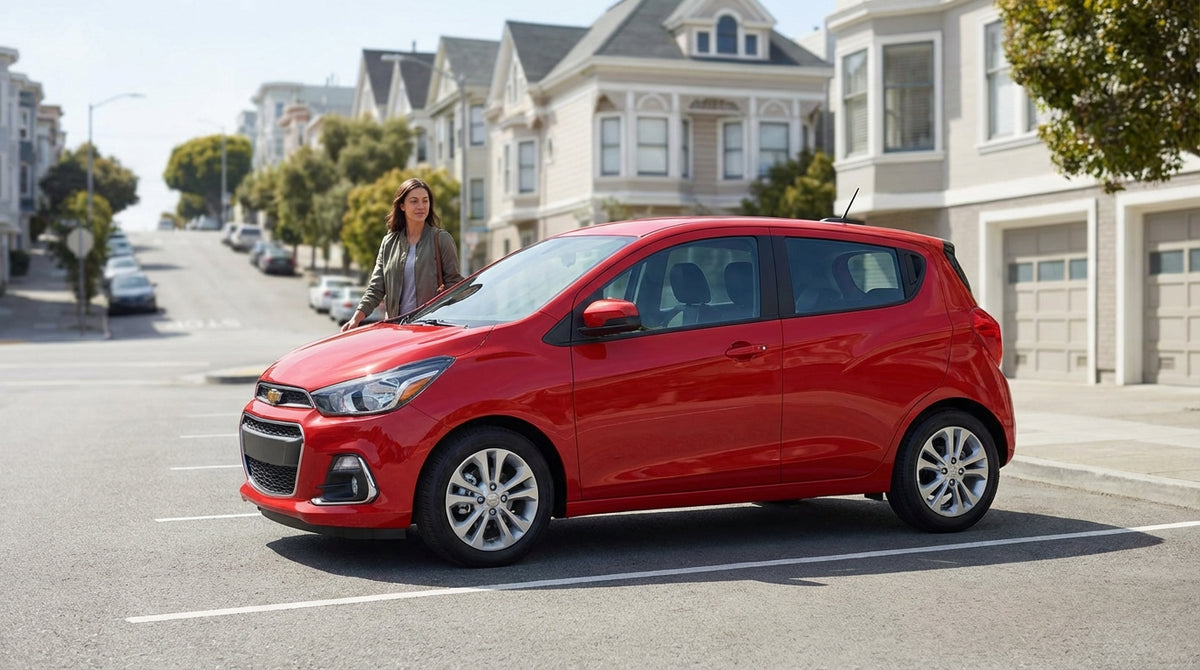 A modern car rental parked on a steep street overlooking the San Francisco skyline and bay