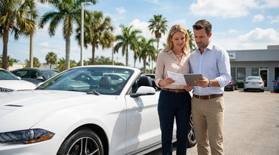 A red convertible car hire parked on a scenic coastal road in Florida under sunny skies and palm trees