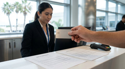 A convertible car hire parked on a scenic coastal highway overlooking the ocean in California