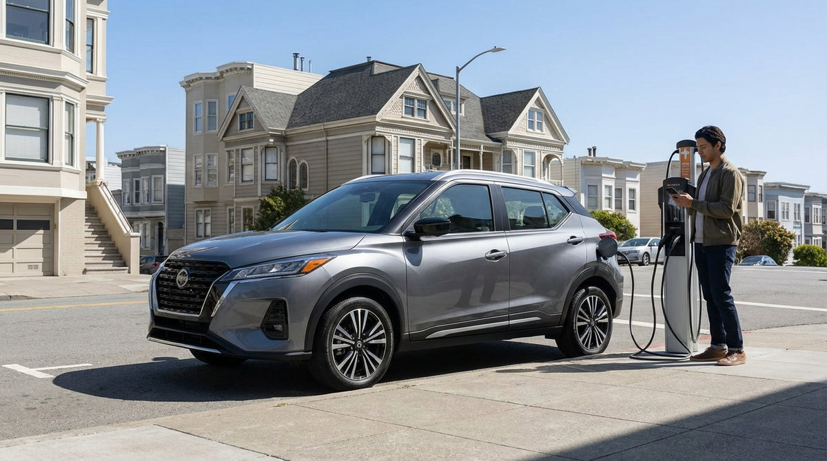 An electric car hire plugged into a public EV charging station on a sunny street in San Francisco