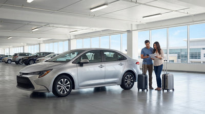 A traveler with luggage stands in a sunny US airport car hire lot choosing a vehicle from a row of modern cars