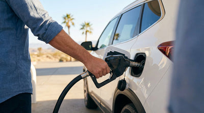 A red convertible car hire driving down the famous Las Vegas Strip at night with neon signs glowing