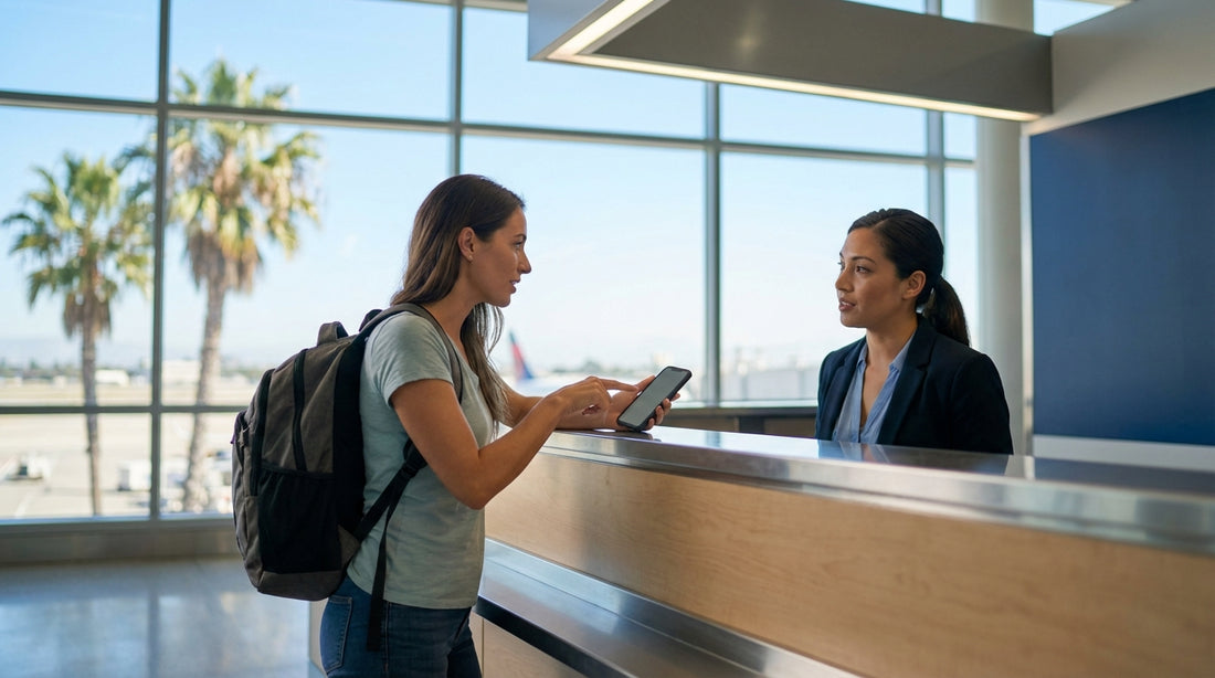 The iconic LAX sign lit up at night in Los Angeles, with a car rental shuttle passing by