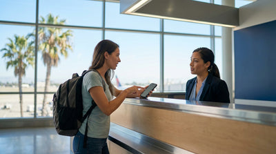 The iconic LAX sign lit up at night in Los Angeles, with a car rental shuttle passing by