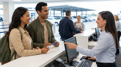 A person hands over a credit card at a desk to collect their car rental keys in the United States