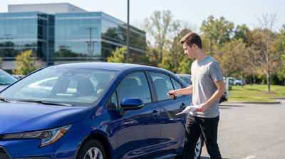 A young driver holding the keys to their car rental with a scenic Pennsylvania forest road in the background