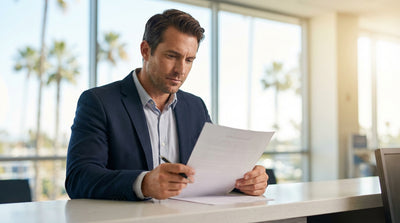 A driver inspects a minor dent on their car hire vehicle on a sunny street in California