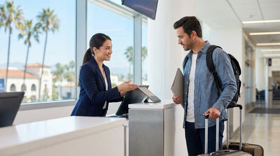 A person with luggage stands at a car hire counter at the Los Angeles airport talking to an agent