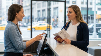 A red car hire driving over the Brooklyn Bridge towards the New York City skyline at sunset