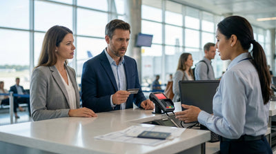 A person hands a credit card to an employee over the counter at a car hire desk in a busy US airport