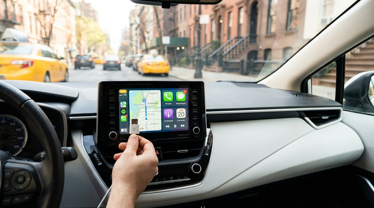 A hand plugging a smartphone into the dashboard of a car rental in New York to use Apple CarPlay on the screen