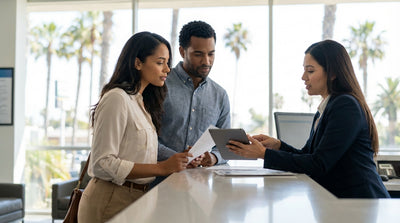 A modern sedan for car hire driving down a sunny, palm-lined street in Los Angeles