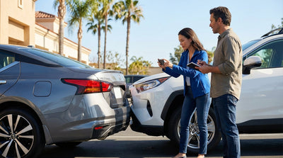 Two drivers exchange details after a minor collision involving a car rental in a sunny California parking lot