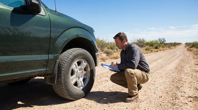 A red car rental parked on a dusty roadside with the Texas desert landscape in the background