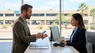 A red convertible car hire drives down a scenic highway through the sunny landscape of Texas