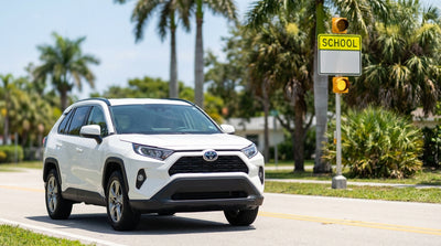 A modern speed camera flashes at a car hire driving through a sunny school zone in Florida