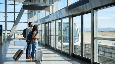 The SFO AirTrain arriving at the platform for the San Francisco car hire center with travelers waiting