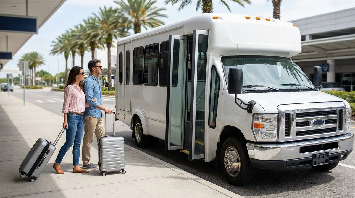 An off-airport car rental shuttle bus picking up passengers and luggage at the Orlando airport terminal