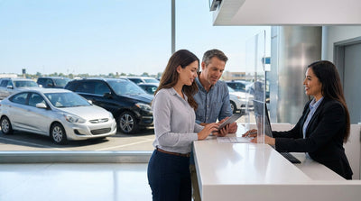 A smiling customer receives car keys and a contract at an airport car hire desk
