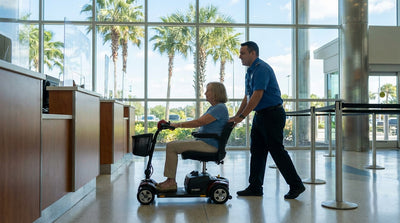 A person in a wheelchair receives assistance with their car rental from an agent at the Orlando airport terminal