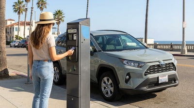 A modern car rental parked by a pay-by-plate machine on a sunny, palm-lined street in Santa Monica, Los Angeles