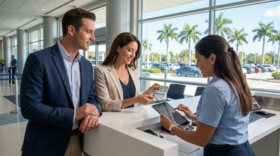 A smiling couple stands next to their convertible car hire on a palm-lined road in sunny Florida