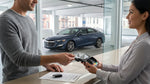 A hand holding an American Express card and keys for a car hire on a busy street in New York City