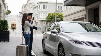A driver hands the keys of their car rental to a hotel valet on a busy street in downtown San Francisco