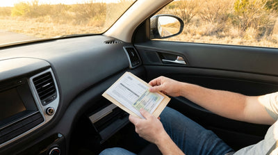 A police car with flashing lights behind a car rental pulled over on a Texas highway shoulder
