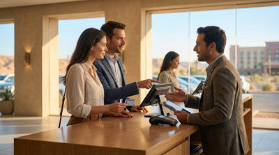 Two people smile in a convertible car hire, driving down the neon-lit Las Vegas Strip at night