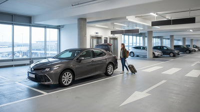 A traveler stands at a car hire counter in a bright, modern New York airport terminal lobby